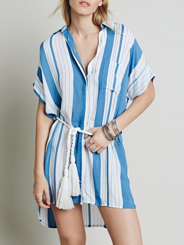 Romwe Lapel High Low Vertical Striped Pocket Blouse