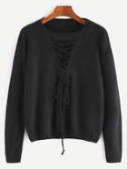 Romwe Black Cutout Lace Up Front Sweater