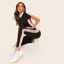 Romwe Contrast Stand Collar O-ring Zip Front Unitard Jumpsuit
