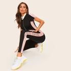 Romwe Contrast Stand Collar O-ring Zip Front Unitard Jumpsuit