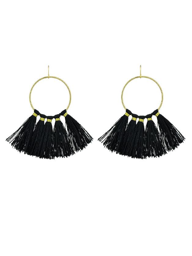 Romwe Black Ethnic Style Bohemian Earrings Gold-color Circle With Colorful Long Tassel