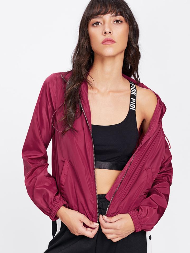 Romwe Solid Windbreaker Jacket With Hood