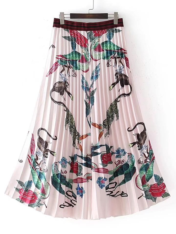 Romwe Animal Print Pleated Skirt