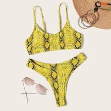 Romwe Random Snake Print Cami Top With High Cut Bikini
