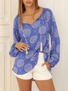 Romwe Blue Long Sleeve Vintage Print Blouse