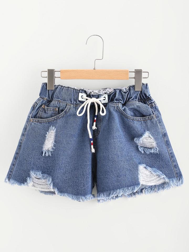 Romwe Destroyed Fray Hem Drawstring Denim Shorts