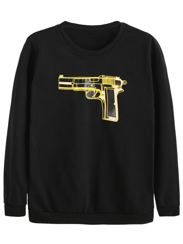 Romwe Black Gun Print Sweatshirt