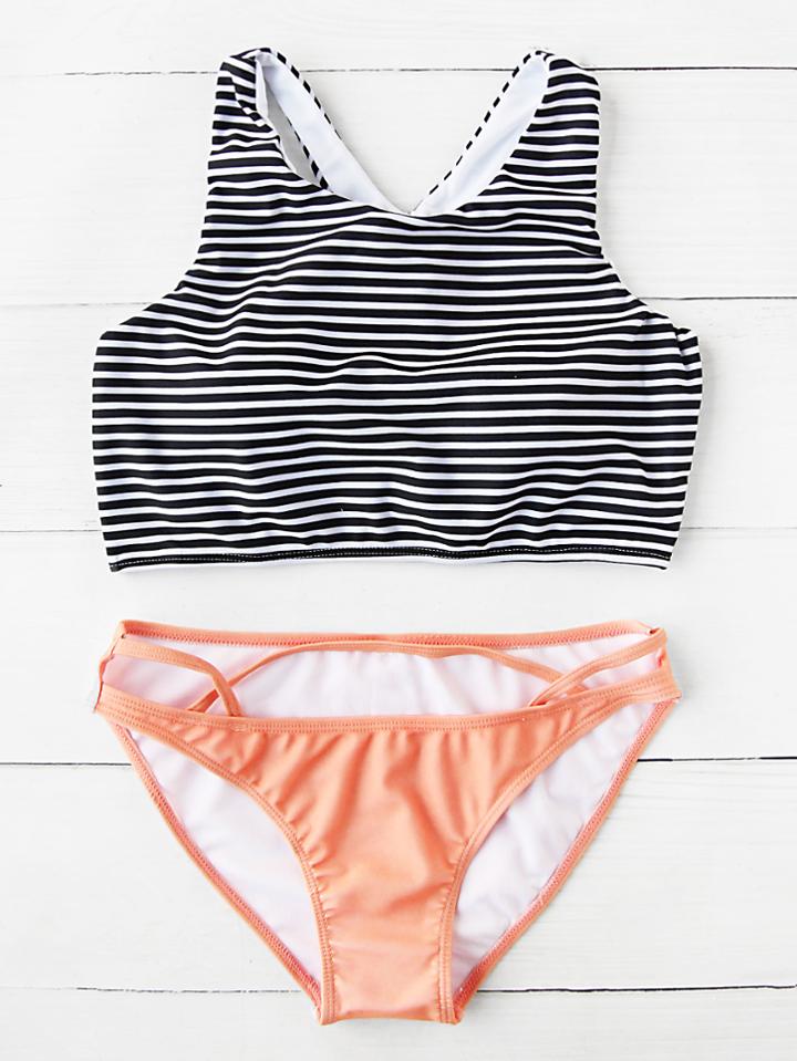 Romwe Striped Print Cutout Mix & Match Bikini Set