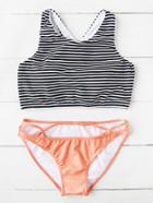 Romwe Striped Print Cutout Mix & Match Bikini Set