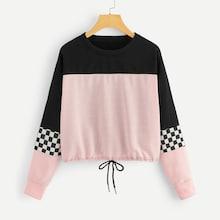Romwe Drawstring Hem Contrast Panel Sweatshirt