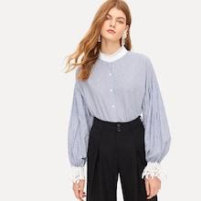 Romwe Lace Cuff & Collar Pinstripe Blouse