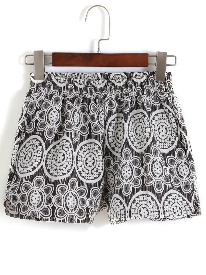 Romwe Elastic Waist Lace Embroidered Shorts