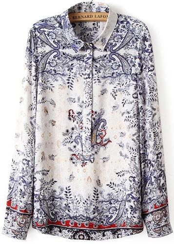 Romwe Blue Long Sleeve Totem Print Blouse