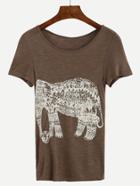 Romwe Brown Elephant Print Slub T-shirt