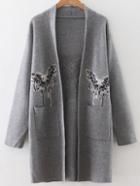 Romwe Grey Butterfly Pattern Pocket Sweater Coat