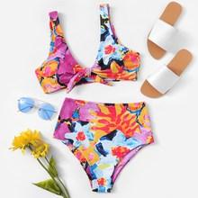 Romwe Random Floral Top With High Waist Bikini Set