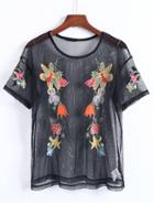 Romwe Flower Embroidery Mesh Top