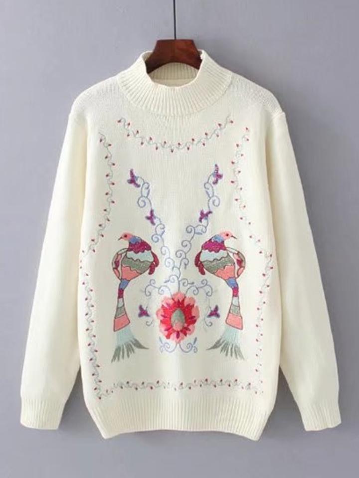 Romwe Bird Embroidery Crew Neck Jumper Sweater