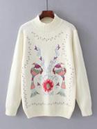 Romwe Bird Embroidery Crew Neck Jumper Sweater