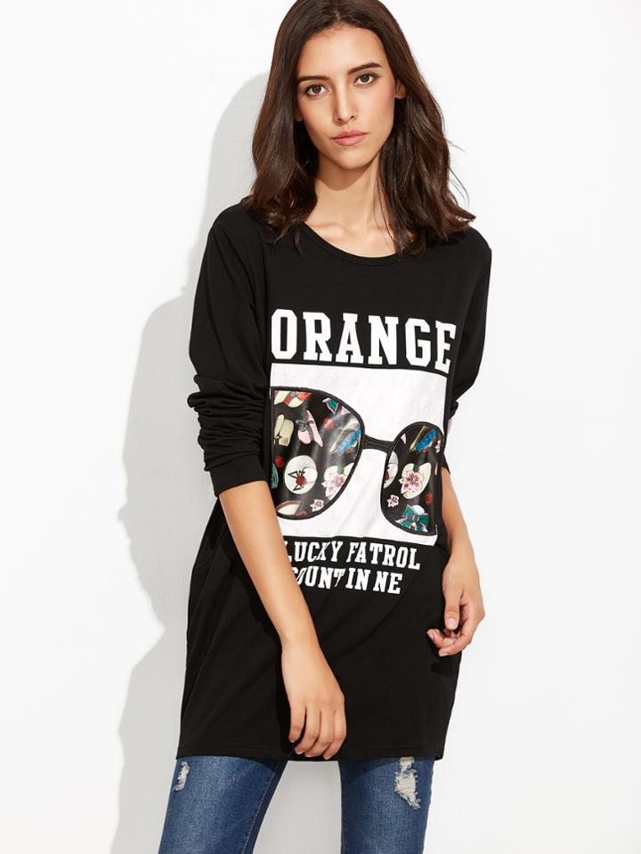 Romwe Black Printed Embroidered Long T-shirt