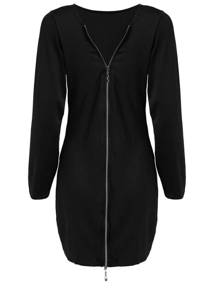 Romwe Long Sleeve Zipper Slim Black Dress