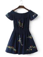 Romwe Navy Off The Shoulder Embroidery Girdling Dress