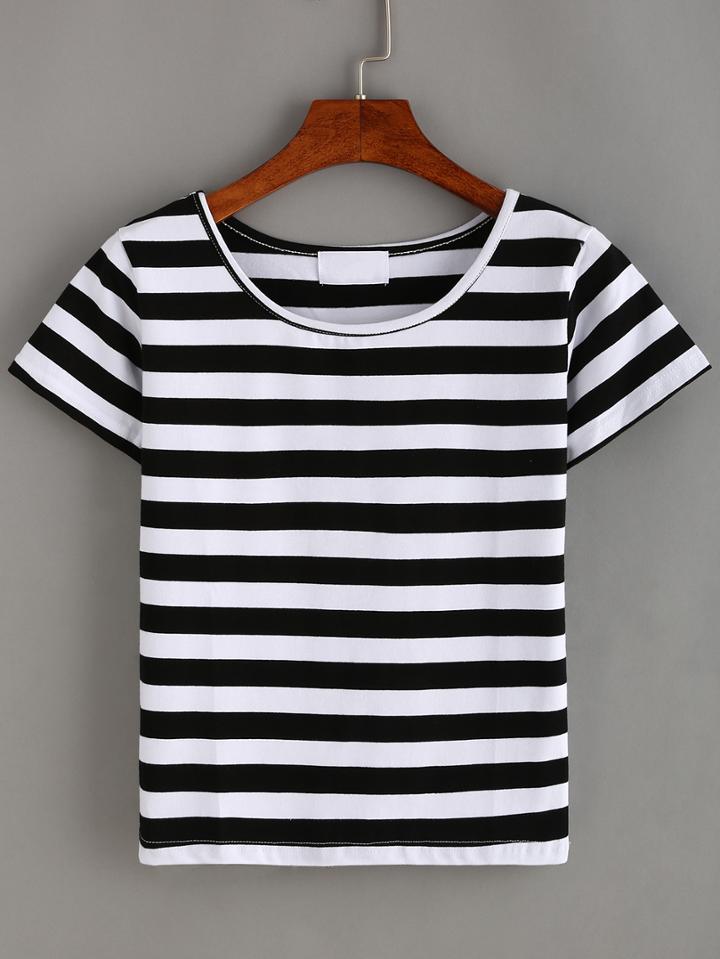 Romwe Basic Striped T-shirt - Black