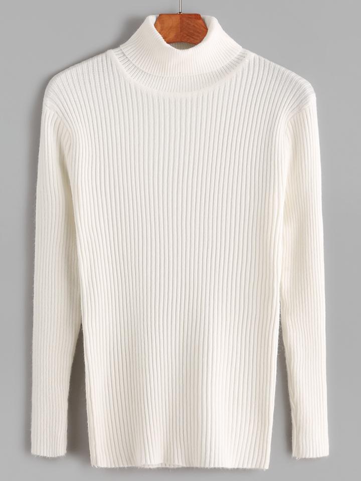 Romwe Beige Roll Neck Ribbed Knit Tight Sweater