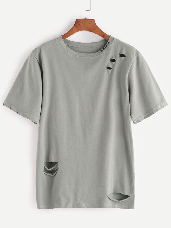 Romwe Army Green Letter Print Ripped T-shirt