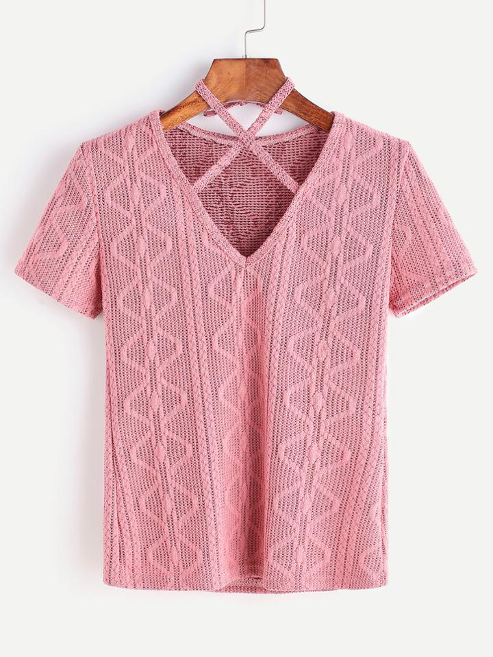 Romwe Pink Criss Cross Halter Neck Knitted T-shirt