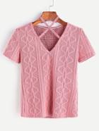 Romwe Pink Criss Cross Halter Neck Knitted T-shirt