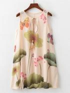 Romwe Floral Print Feather Tie Neck Dress