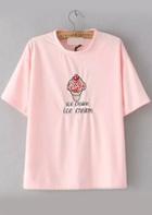 Romwe Ice Cream Embroidered Pink T-shirt