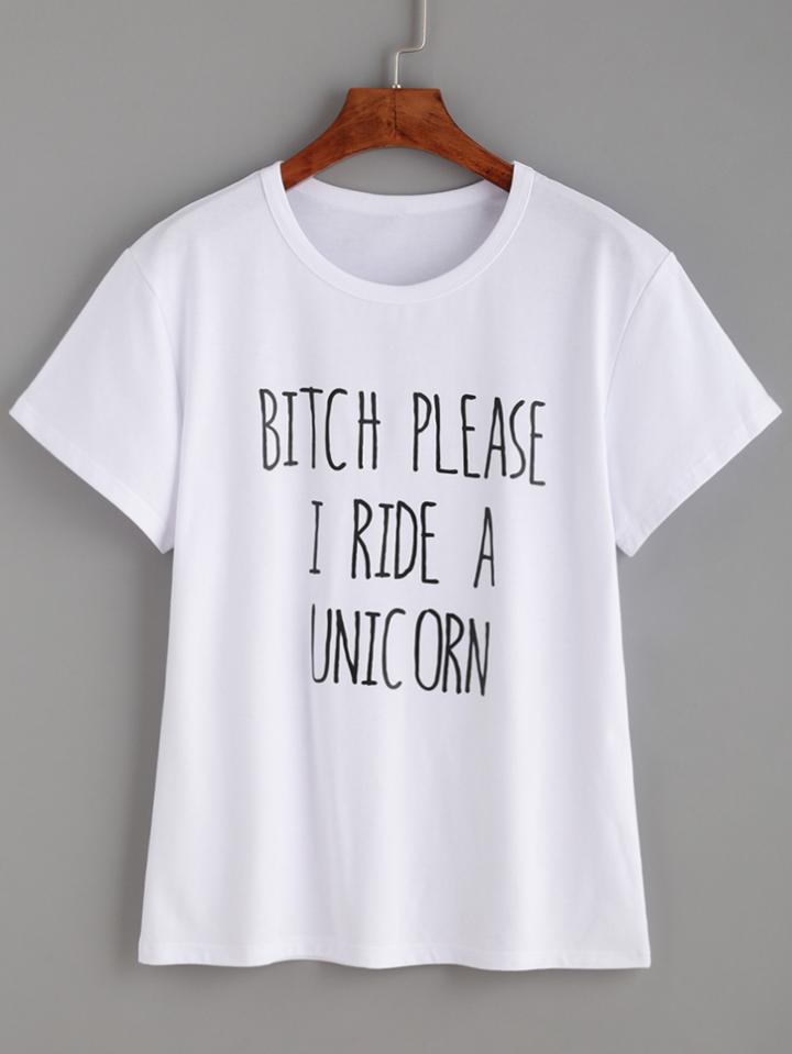 Romwe White Slogan Print Round Neck T-shirt