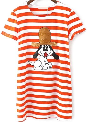Romwe With Sequined Dog Pattern Striped Red T-shirt