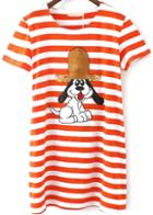 Romwe With Sequined Dog Pattern Striped Red T-shirt
