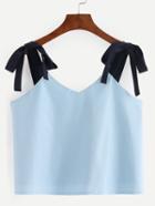 Romwe Blue Lace Up Shoulder Color Block Crop Top