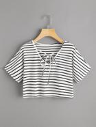 Romwe V Neckline Self Tie Stripe Tee