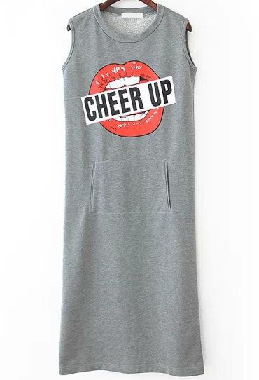 Romwe Grey Sleeveless Lip Cheer Up Print Dress