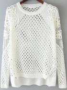 Romwe Open-knit Dip Hem Crochet White Sweater