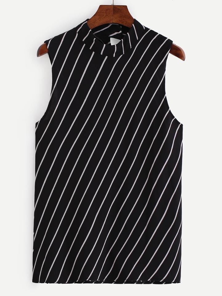Romwe Diagonal Stripes High Neck Keyhole Back Top