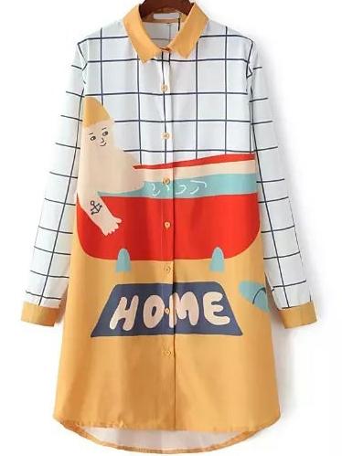 Romwe Color-block Lapel Cartoon Print Plaid Blouse