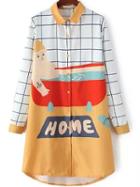 Romwe Color-block Lapel Cartoon Print Plaid Blouse