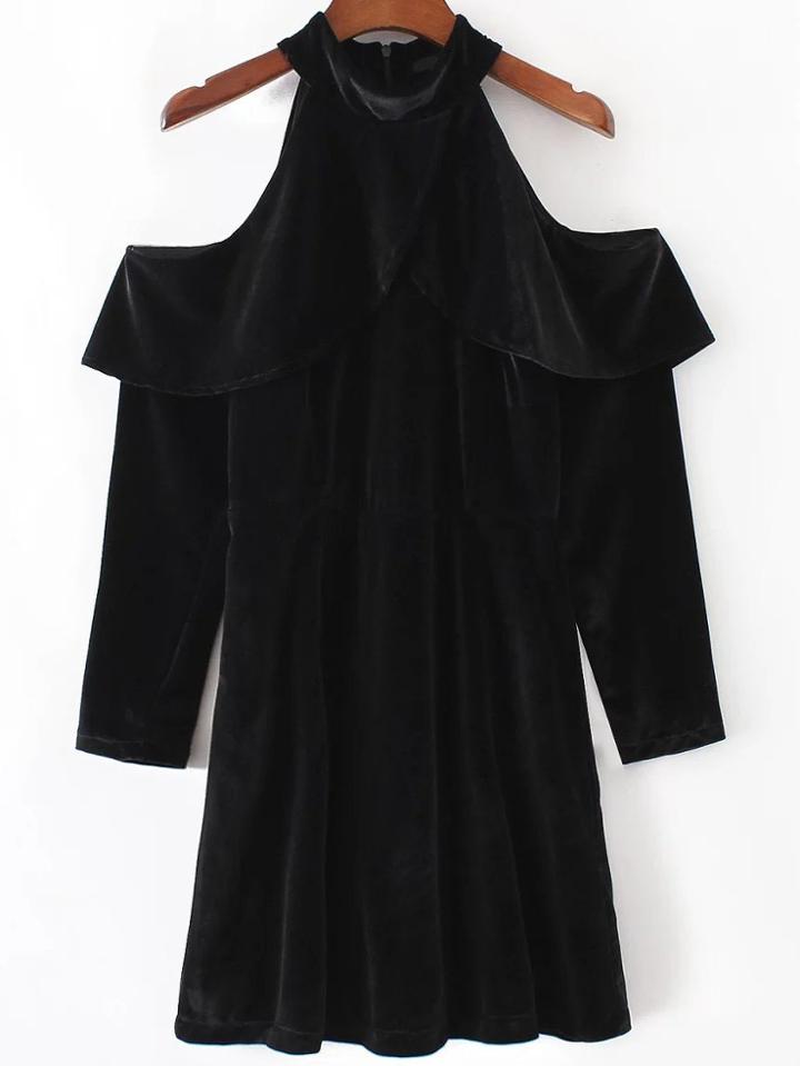 Romwe Black Open Shoulder Zipper Back Velvet Dress