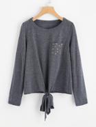 Romwe Star Print Pocket Knot Front T-shirt