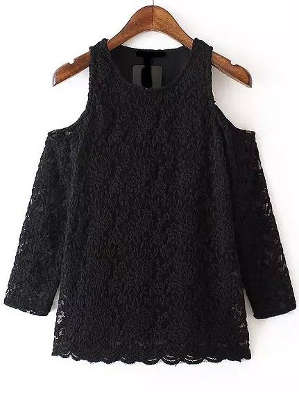 Romwe Open Shoulder Lace Black Blouse