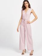 Romwe Pink Plunge Neck Surplice Front Drawstring Jumpsuit