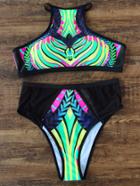 Romwe Printed Mesh Detail High Waist Bikini Set