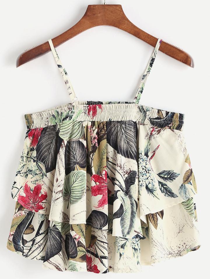 Romwe Tropical Print Ruffle Tiered Cami Top