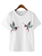Romwe White Bird Sequined Short Sleeve T-shirt